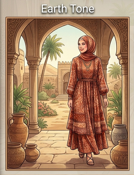 Inspirasi model baju lebaran 2026 warna earth tone seperti cokelat mokka dan beige dengan desain elegan bergaya kontemporer.