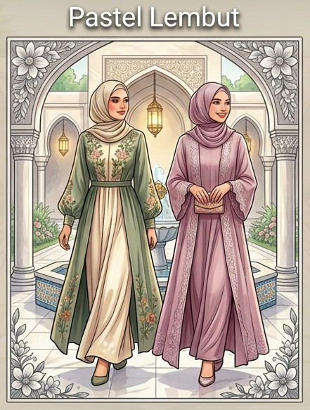 Tren baju muslim wanita warna pastel lembut seperti dusty pink dan lavender untuk tampilan anggun dan menenangkan di hari raya 2026.