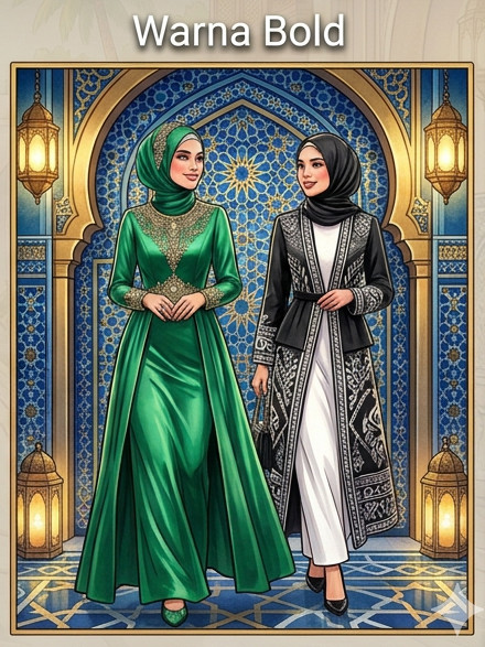 Gaya busana muslim premium warna bold emerald green dan teal blue yang mewah untuk tren baju lebaran 2026.