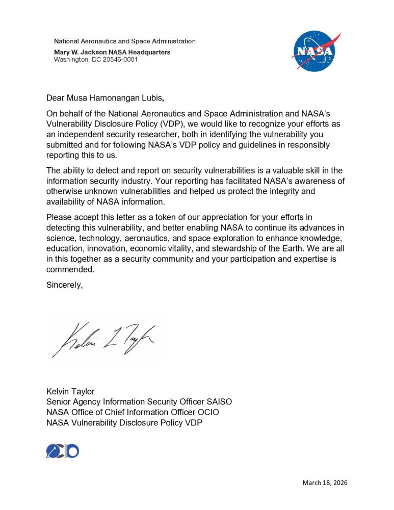 Letter of Appreciation dari NASA